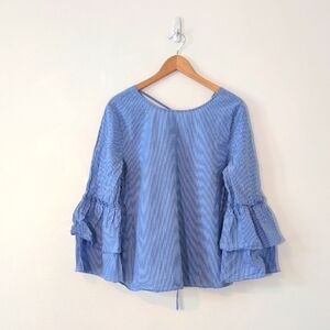 LOFT Blue White Striped Bell Ruffle Sleeve Cotton Blouse Sz Large